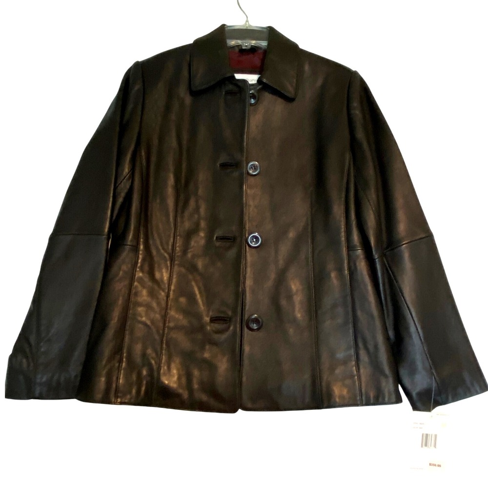 NWT Liz Claiborne Soft Leather Jacket Button Front Black Womens Medium FITTED